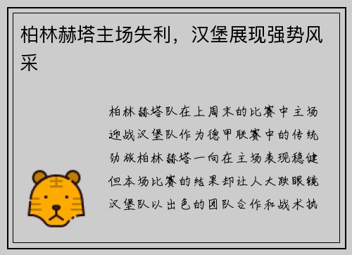 柏林赫塔主场失利，汉堡展现强势风采